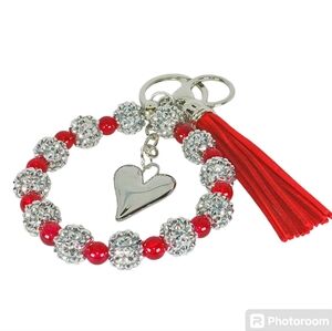 Beaded Bag Charm Key Charm Red Tassel White Gold Heart Lovecore Office Siren Y2k